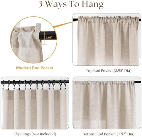 48 Inch Linen Small Window Curtains 2 Panels Privacy Semi Sheer | Light Filtering Drapes, for Bedroom Bathroom, Light Coffee Tan Beige, Farmhouse Rustic, Rod Pocket, Door Curtain, W34xL48