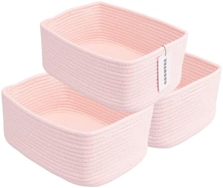 XUANGUO Small Woven Storage Baskets for Shelves, 13" x 9" x 5", Pink | Decorative rope storage bins for closets and toy storage; cute organizer baskets, empty gift baskets and nursery storage.