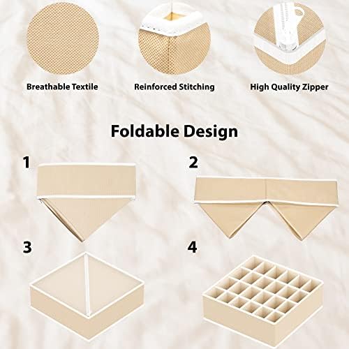 Simple Houseware 4-Pack Drawer Organizer Set for Underwear/Socks/Bra, Beige | Closet Dividers for Underwear, Socks, Bras, Scarves, Ties - Foldable Non-Woven Storage Boxes