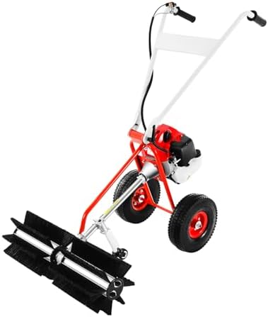 43CC Gas Powered Walk-Behind Outdoor Push Sweeper, 1.7HP 2 Stroke Hand Held Sweeper Snow Sweeping Broom, Driveway Turf Lawns Cleaning Tools with 23.6in Sweeping Width for Leaves Dirt Gravel