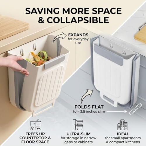 Foldable Kitchen Trash Can, Hanging Collapsible Trash Can，M,White | Multipurpose Wall-Mounted Folding Waste Bin, Space-Saving Expandable Garbage Basket Hangs on Cabinet Door for Food Prep Peels