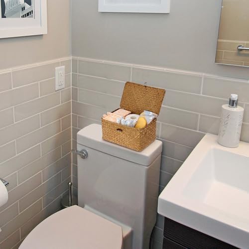 Sumnacon Wicker Basket with Lid,Tampon Holder for Bathroom,Caramel,Medium | Natural Seagrass Female Product Organizer for Toiletries Pad Tampon Storage,Farmhouse Woven Baskets for Shelf, Toilet Tank