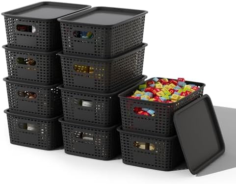 ORGIDOL Plastic Storage Basket with Lids 10 Pack Stackable Black Storage Bins Containers with Lid, Decorative Storage Boxes for Organizing Shelves, Drawers, Playroom, Classroom, Office, Closet