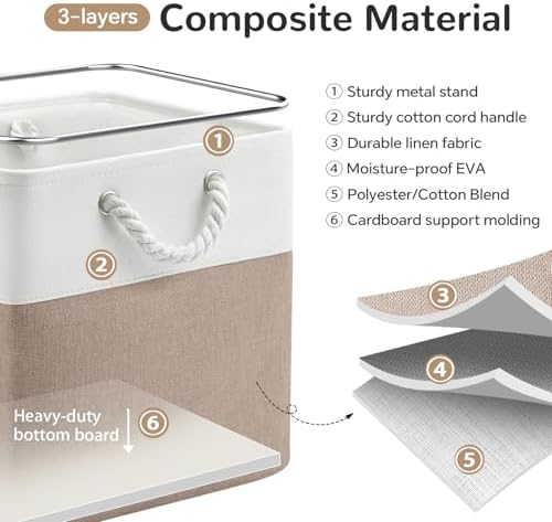 12x12 Inch Foldable Fabric Cube Storage Bins with Handles 4 Pack | Sturdy Metal Strand, Cardboard Support Molding, Storage Basket, Cube Storage Bin for Shelves, Closet, Bedroom, White/Khaki