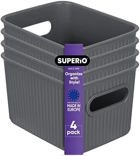 Superio Ribbed Collection - Decorative Plastic Basket Open Home Storage Bins Organizer, Small Grey (4 Pack) Container Boxes for Organizing Closet Storage Bins for Shelves Drawer Shelf 1.5 Liter
