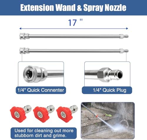 JANZ 20'' Pressure Washer Surface Cleaner | 4 Wheels, Stainless Steel Housing, 1/4'' Quick Plug, 2 Extension Wands, 2 Replacement Nozzles and 3 Spray Nozzles,4000 PSI