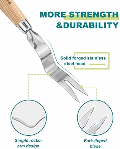 Dandelion & Crack Hand Weeder Puller with Solid Wood Handle | Manual Weed Digger Tool, Easily Pull & Dig to Remove Weeds with Roots, Hard Solid Wood Handle for Garden Lawn Yard Weeding
