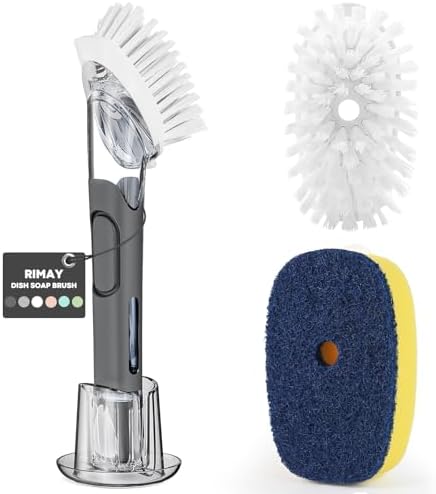 RIMAY Dish Brush Set with Soap Dispenser, 2 Refills and Storage Holder | Soap Dispensing Dish Brush dish scrubber with handle for Cleaning Dishes, Pans, Sink, Pots