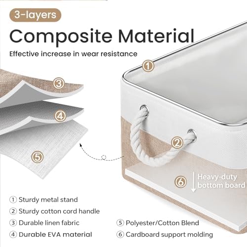 15.7x11.8x8.26 Inch Fabric Large Storage Bins with Handles 1 Pack | Foldable, Sturdy Metal Strand, Cardboard Support Molding, Fabric Storage Baskets for Shelves, Closet, Bedroom, White/Khaki