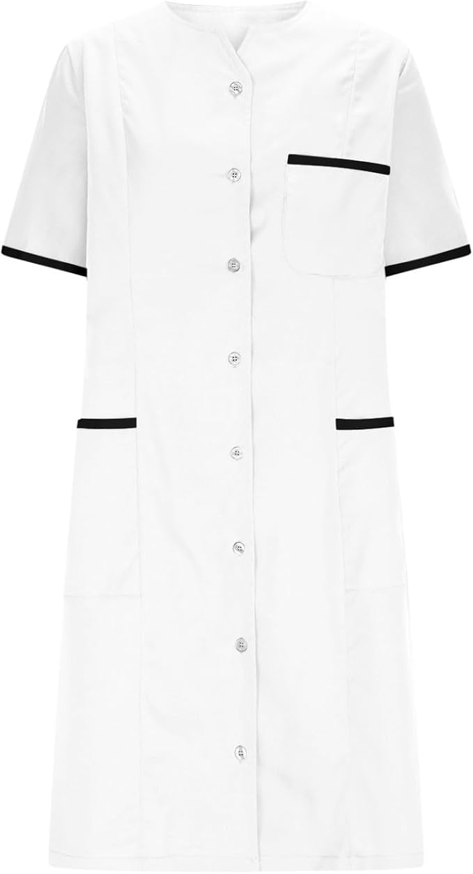Scrubs Dress for Women - Button Front Nursing Workwear - Casual Housekeeping Dresses with Pockets
