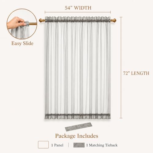Aquazolax Glass Door Panel Window Curtain Elegant Solid Voile Rod Pocket Sheer French Door Panel 54x72 Inches with Bonus Tieback - 1 Piece, Grey