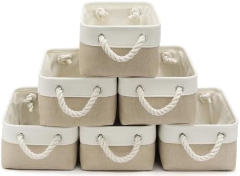 11.8x7.9x5.2 Inch Fabric Small Storage Bins with Handles 6 Pack | Foldable Storage Basket, Sturdy Metal Strand, Cardboard Support Molding, Small Baskets for Organizing, Shelves, White/Khaki