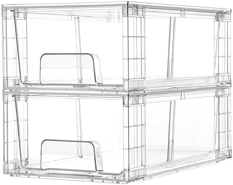 Vtopmart 2 Pack Stackable Clear Drawer with Dividers | Clear Drawer Organizers with Removable Dividers for Flexible storage. Stackable, Non-slip, for Fridge, Under Sink & Bthroom