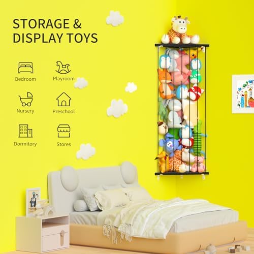 Stuffed Animal Storage Shelf Organizer(Patented) - Corner Stuffed Animal Holder Length Adjustable - Wall Plush Storage for Nursery Playroom Bedroom Kids Room (Space Black, Standard)