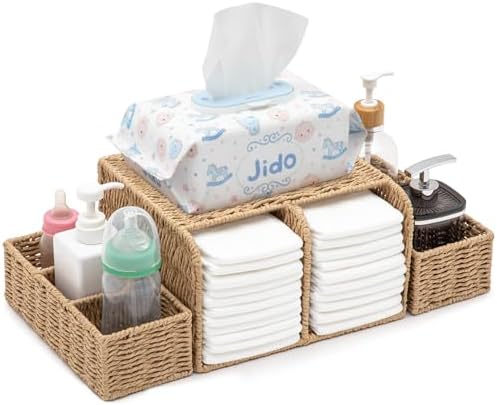 Large Wicker Diaper Caddy Changing Table Organizer, Khaki, Paper | Detachable Modular Diaper Caddy for Nursery, Woven Diaper Storage Dispenser Basket for Nursery Diapering Baby Essentials Gift
