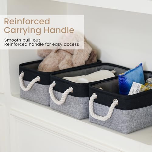 11.8x7.9x5.2 Inch Fabric Small Storage Bins with Handles 1 Pack | Foldable Storage Basket, Sturdy Metal Strand, Cardboard Support Molding, Small Baskets for Organizing, Shelves, Black/Gray