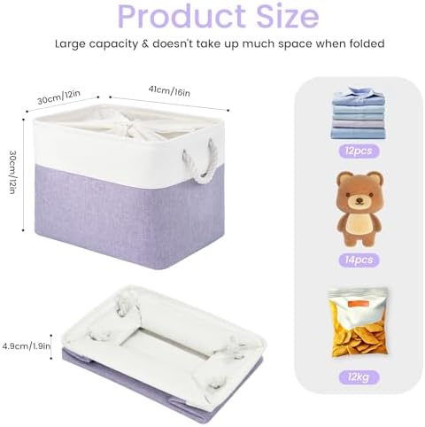 16x12x12 In Foldable Fabric Large Storage Bins with Handle 1 Pack | Storage Basket with Draw String Top, Sturdy Metal Strand, Cardboard Support Molding, for Shelf, Closet, Bedroom, White/Purple