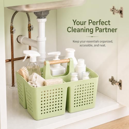 Portable Shower Caddy Basket with 3 Compartments and Handle, Grass Green | Plastic Divided Storage Caddy for Camping, RVs, Outdoor Showers, Bathrooms, Laundry Rooms and Cleaning Supplies