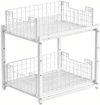 Under Sink Organizer, White 2-Tier Pull Out Cabinet Organizer | Kitchen Bathroom Organizer and Storage, Spice Rack for Kitchen, Multi-use Sliding Drawers Shelves (1, white)