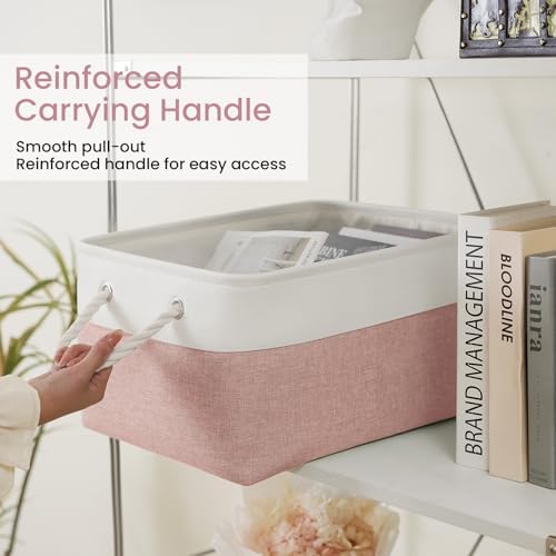 15.7x11.8x8.26 Inch Fabric Large Storage Bins with Handles 3 Pack | Foldable, Sturdy Metal Strand, Cardboard Support Molding, Fabric Storage Baskets for Shelves, Closet, Bedroom, White/Pink