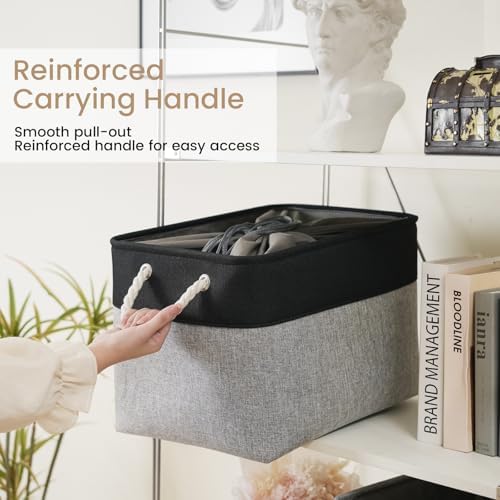 16x12x12 In Foldable Fabric Large Storage Bins with Handle 1 Pack | Storage Basket with Draw String Top, Sturdy Metal Strand, Cardboard Support Molding, for Shelf, Closet, Bedroom, Black/Gray