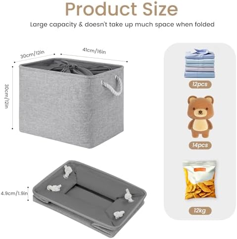 16x12x12 In Foldable Fabric Large Storage Bins with Handle 1 Pack | Storage Basket with Draw String Top, Sturdy Metal Strand, Cardboard Support Molding, for Shelf, Closet, Bedroom, Gray