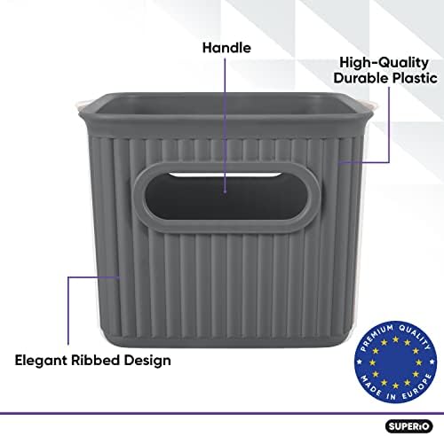 Superio Ribbed Collection - Decorative Plastic Basket Open Home Storage Bins Organizer, Small Grey (1 Pack) Container Boxes for Organizing Closet Storage Bins for Shelves Drawer Shelf 1.5 Liter