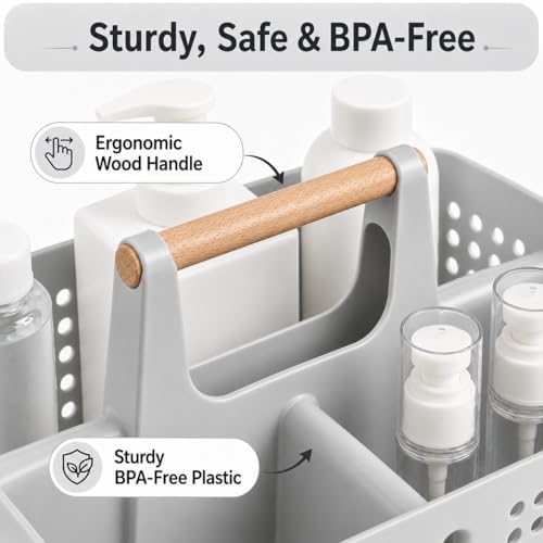 Portable Shower Caddy Basket with 3 Compartments and Handle, Light Gray | Plastic Divided Storage Caddy for Bathrooms, Apartments, Guest Rooms, Offices, Crafts and Under-Sink Organization