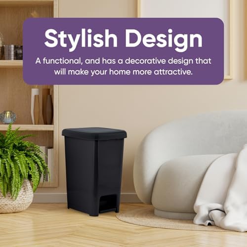 Superio Slim Step On Trash Can 6.5 Gallon, Black Waste Bin with Foot Pedal Lid 26 Liter, Kitchen, Under Desk, Office, Bedroom, Bathroom