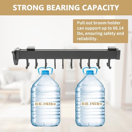 Pull-Out Mop and Broom Holder Slide Broom Closet Organizer Sliding Garage Storage Rack with 20 Adjustable Hooks, 22 in Wall Mount Sliding Organizer Rack for Closet, Kitchen, Laundry