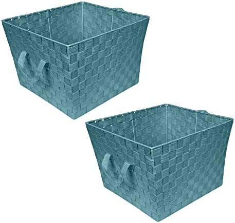 Simplify Large Woven Strap Tote | Decorative Storage Basket | 2 Handles | Organization | Closet | Bedroom | Bathroom | Nursery | Accessories | Toys | Gifts | 2 Pack | Sapphire