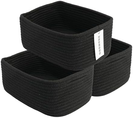 XUANGUO Small Woven Storage Baskets for Shelves, 12" x 8" x 5", Black | Decorative rope storage bins for closets and toy storage; cute organizer baskets, empty gift baskets and nursery storage.