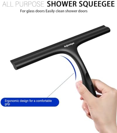 Shower Squeegee for Glass Doors, 10 in Squeegee for Shower with Hook, Black | Rust-Proof, Streak Free, Ergonomic Grip, Silicone Shower Glass Squeegee for Tile Walls, Window, Mirror, Car, Bathroom Cleaner