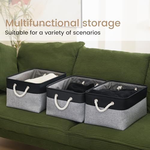 15.7x11.8x8.26 Inch Fabric Large Storage Bins with Handles 6 Pack | Foldable, Sturdy Metal Strand, Cardboard Support Molding, Fabric Storage Baskets for Shelves, Closet, Bedroom, Black/Gray