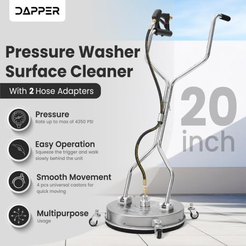 Dapper Supply 20 in. Pressure Washer Surface Cleaner in Stainless Steel w/Handles & Wheels, 4350 Max PSI, 3/8" Connector & 2 Adapters Ideal for Driveways, Sidewalks, Patios, Decks