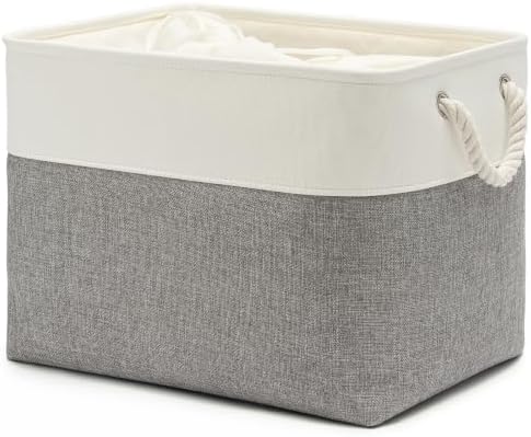 16x12x12 In Foldable Fabric Large Storage Bins with Handle 1 Pack | Storage Basket with Draw String Top, Sturdy Metal Strand, Cardboard Support Molding, for Shelf, Closet, Bedroom, White/Gray