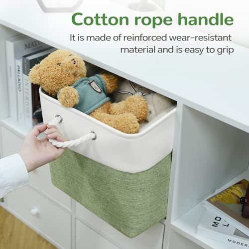 13x13 Inch Foldable Fabric Cube Storage Bins with Handles 6 Pack | Sturdy Metal Strand, Cardboard Support Molding, Storage Basket, Cube Storage Bin for Shelves, Closet, Bedroom, White/Green