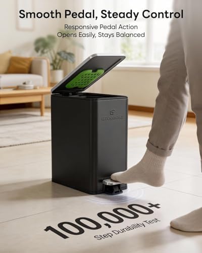 6L/1.6G Slim Bathroom Trash Can, Narrow Stainless Steel Soft-Close Step Pedal Bin with Lid, Odor -free Carbon Box, Removable Inner Bucket, Matte Small Waste Bin for Bedroom, Office, RV(Black)