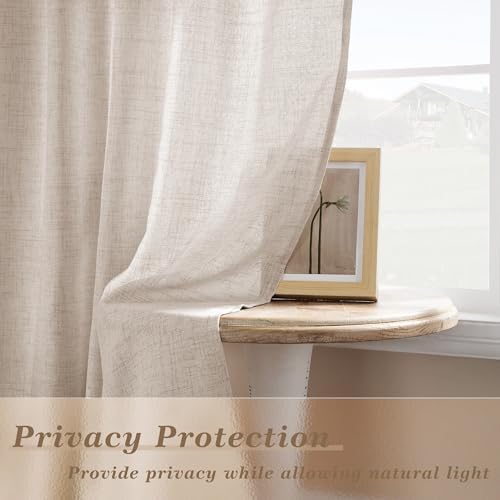 Linen 86 Inch Curtains 2 Panels with Rod Pocket Hook Belt Privacy | Semi Sheer Light Filtering, Farmhouse Curtains, Tan Beige, Flax Linen, Long Window Drapes, for Dining Living Room Bedroom