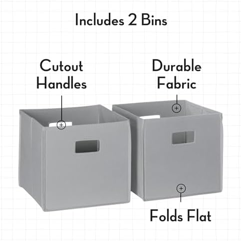 RiverRidge Folding Storage Bins - 2-pack of 10in Tall Gray Cubes | Fabric Bins, Set of 2 Storage Cubes, Cut-out Handles, Playroom Closet Organizer, Collapsible Cubby with Bottom Board Insert
