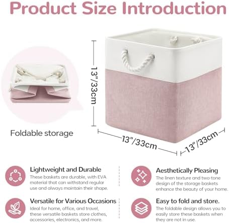 13x13 Inch Foldable Fabric Cube Storage Bins with Handles 6 Pack | Sturdy Metal Strand, Cardboard Support Molding, Storage Basket, Cube Storage Bin for Shelves, Closet, Bedroom, White/Pink
