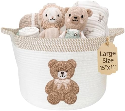 Teddy Bear Baby Storage Basket, Woven Cotton Rope Nursery Bin, 15x11 in | Stuffed Animal and Blanket Storage, Embroidered Bear Patch, Gender Neutral Nursery Decor, Shower Gift, Playroom Organizer