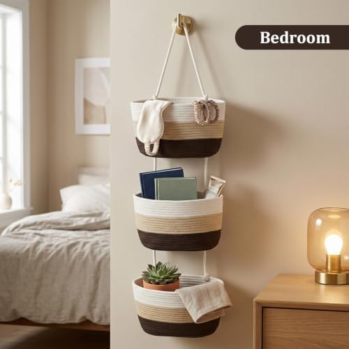 TeoKJ Over the Door Hanging Basket, 3-Tier Woven Cotton Wall-Mounted Storage Organizer Bag Decorative Hanging Nursery Baskets，Gradient Brown