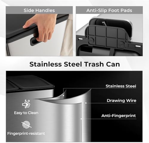 Goplus Dual Trash Can, 16 Gallon/ (2x30L) Double Trash and Recycling Bin Combo for Kitchen, Stainless Steel Garbage Can with 2 Removable Inner Buckets, Soft Closure & Step-on Pedal