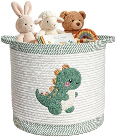 Cute Nursery Bin, Baby Toy Organizer (13.8"x13.8"), Storage Basket for Organizing, Woven Rope Basket for Shelves, Cute Baskets with Handle for Nursery, Playroom (Dinosaur, Large)