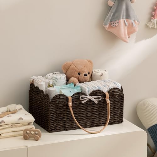 HBlife Baby Diaper Caddy Organizer, Large Portable Scalloped Plastic Wicker Woven Basket with Divider, Nursery Diaper Station, Baby Shower Gifts Basket, Car Organizer, Washable Waterproof