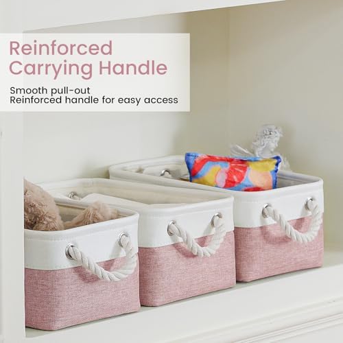 11.8x7.9x5.2 Inch Fabric Small Storage Bins with Handles 6 Pack | Foldable Storage Basket, Sturdy Metal Strand, Cardboard Support Molding, Small Baskets for Organizing, Shelves, White/Pink
