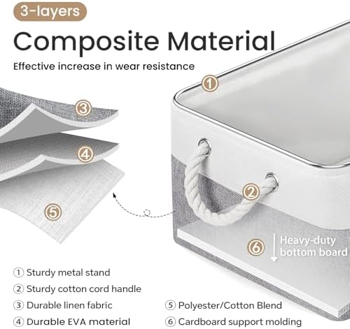 15.7x11.8x8.26 Inch Fabric Large Storage Bins with Handles 3 Pack | Foldable, Sturdy Metal Strand, Cardboard Support Molding, Fabric Storage Baskets for Shelves, Closet, Bedroom, White/Gray