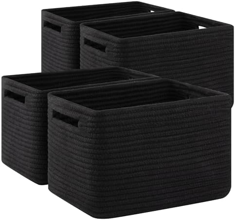 4 Pack Storage Baskets for Organizing Toys, Towels, and Clothes, Woven Basket for Shelves, Sturdy Nursery Cube Bins for Storage, 13''L x9''W x7.8''H, Black