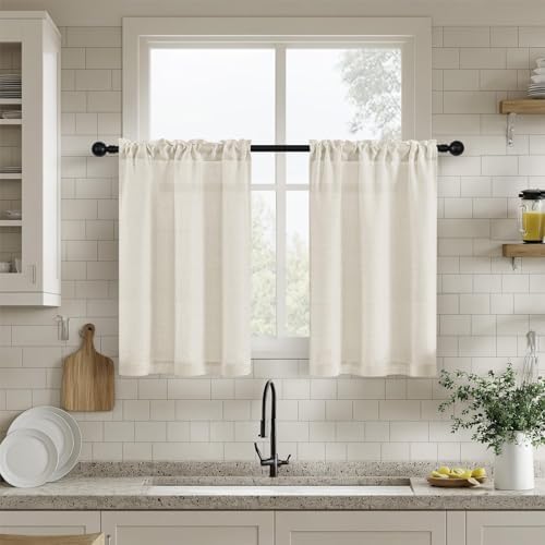 Natural Linen Curtains for Kitchen Window 30 Inches Long 2 Panels | Dual Rod Pocket, Semi Sheer Privacy Light Filtering, Short Curtain, Boho Farmhouse, Cream, for Cafe RV, Small Window, W25xL30